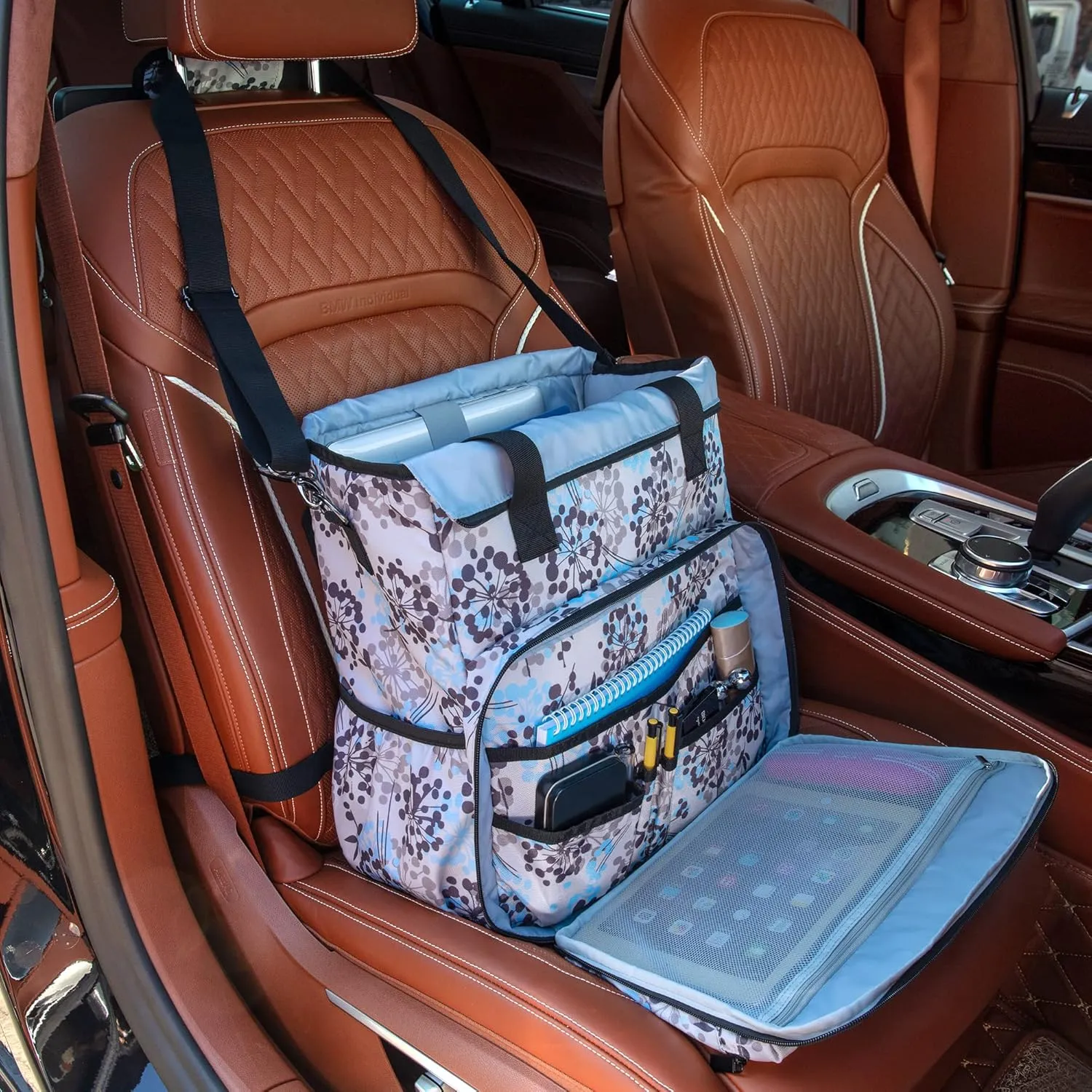 BAFASO Car Front Seat Organizer with Laptop Sleeve and Shoulder Strap, Car Seat Organizer with Back Adjustable Straps, Dandelion