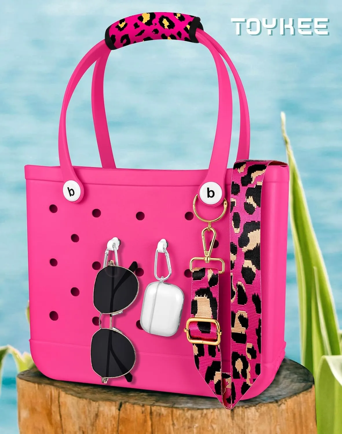 Bag Strap Crossbody Charms for Bogg Bag Accessories - Shoulder Strap Neoprene Luggage Handle Wrap for Suitcase & 2 Key Holders Pink Leopard