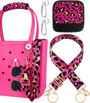 Bag Strap Crossbody Charms for Bogg Bag Accessories - Shoulder Strap Neoprene Luggage Handle Wrap for Suitcase & 2 Key Holders Pink Leopard