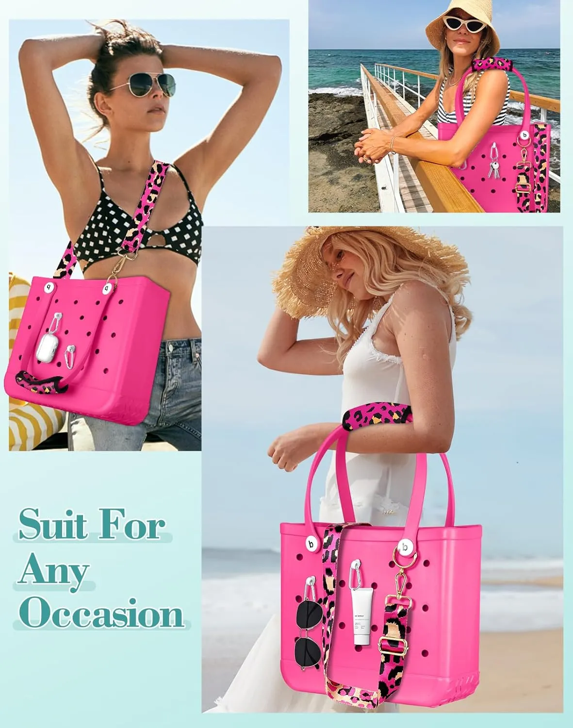 Bag Strap Crossbody Charms for Bogg Bag Accessories - Shoulder Strap Neoprene Luggage Handle Wrap for Suitcase & 2 Key Holders Pink Leopard