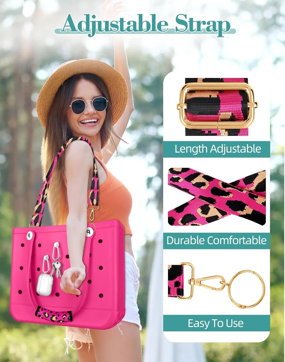 Bag Strap Crossbody Charms for Bogg Bag Accessories - Shoulder Strap Neoprene Luggage Handle Wrap for Suitcase & 2 Key Holders Pink Leopard