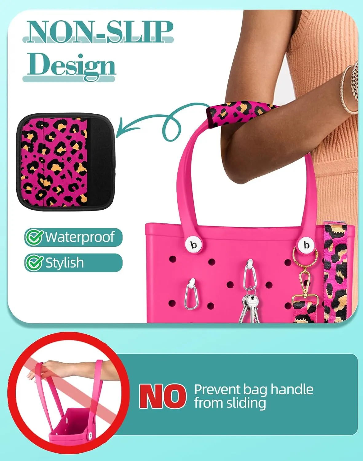 Bag Strap Crossbody Charms for Bogg Bag Accessories - Shoulder Strap Neoprene Luggage Handle Wrap for Suitcase & 2 Key Holders Pink Leopard