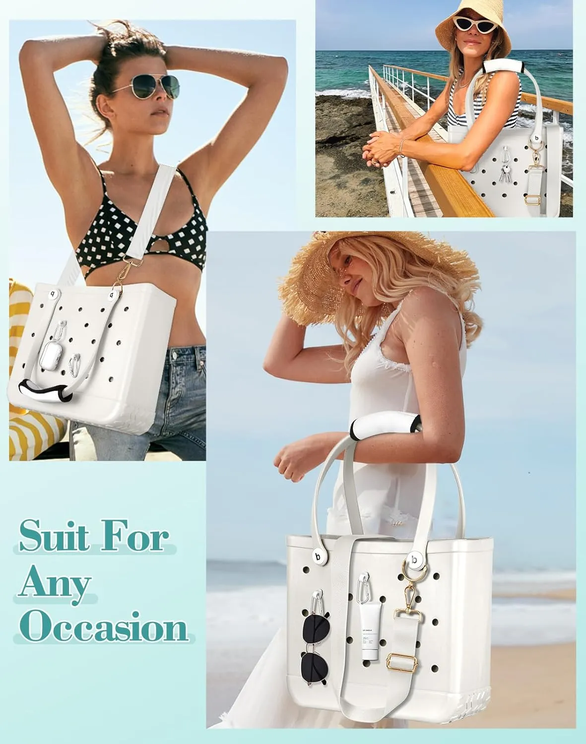 Bag Strap Crossbody Charms for Bogg Bag Accessories - Shoulder Strap Neoprene Luggage Handle Wrap for Suitcase & 2 Key Holders White