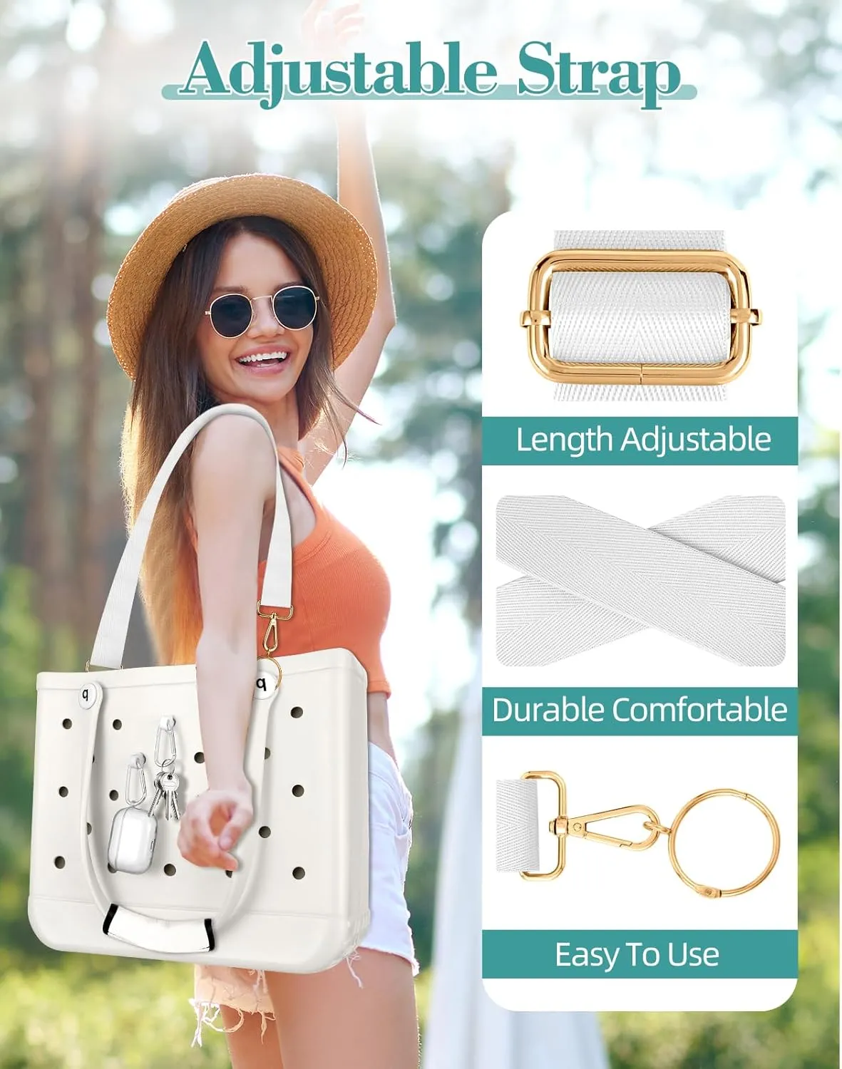 Bag Strap Crossbody Charms for Bogg Bag Accessories - Shoulder Strap Neoprene Luggage Handle Wrap for Suitcase & 2 Key Holders White