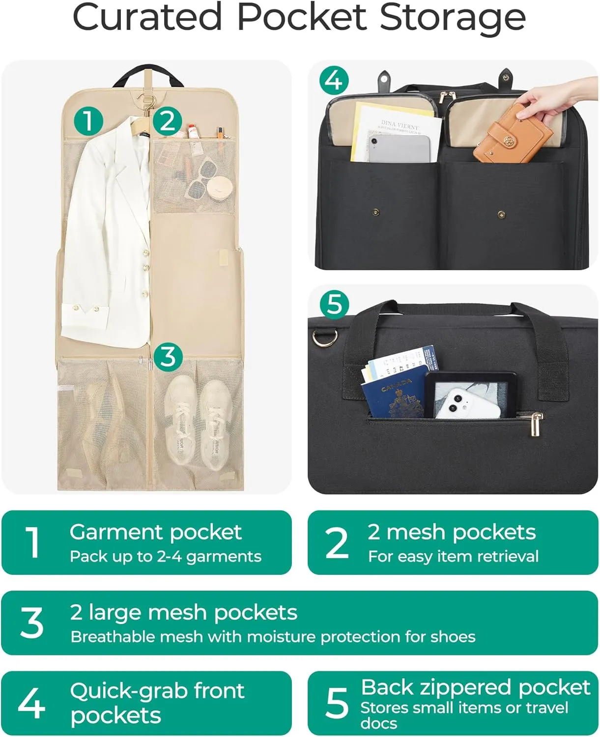 BAGSMART Garment Bags for Travel, Carry on Garment Bags for Hanging Clothes, Travel Suit Bag for Shirts Dresses Coats, Beige