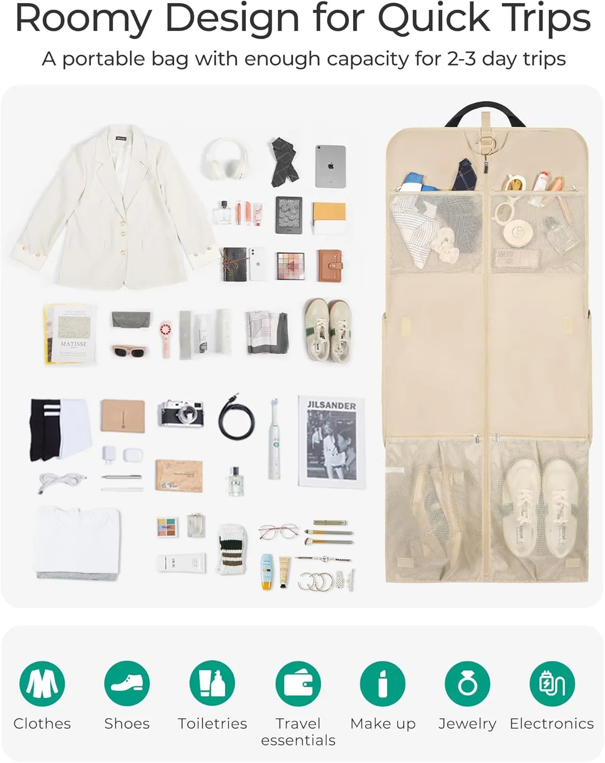 BAGSMART Garment Bags for Travel, Carry on Garment Bags for Hanging Clothes, Travel Suit Bag for Shirts Dresses Coats, Beige