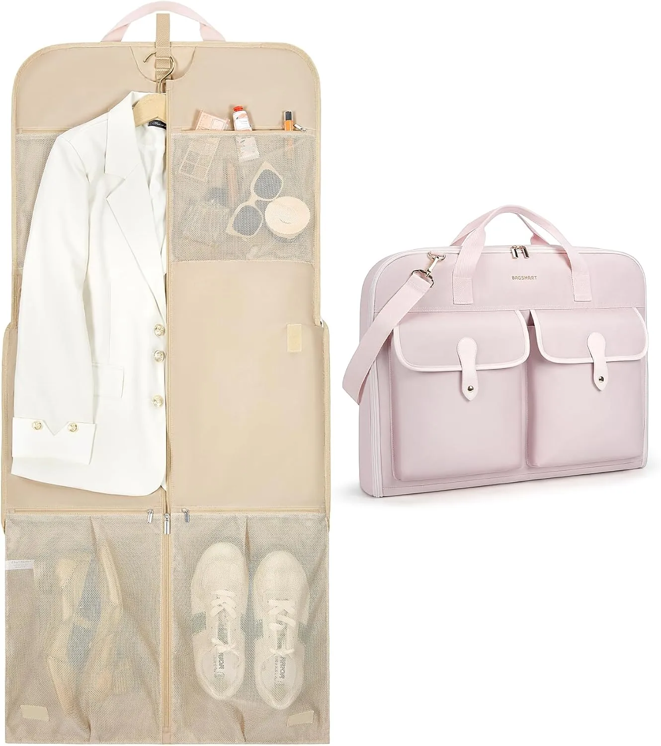 BAGSMART Garment Bags for Travel, Carry on Garment Bags for Hanging Clothes, Travel Suit Bag for Shirts Dresses Coats, Pink