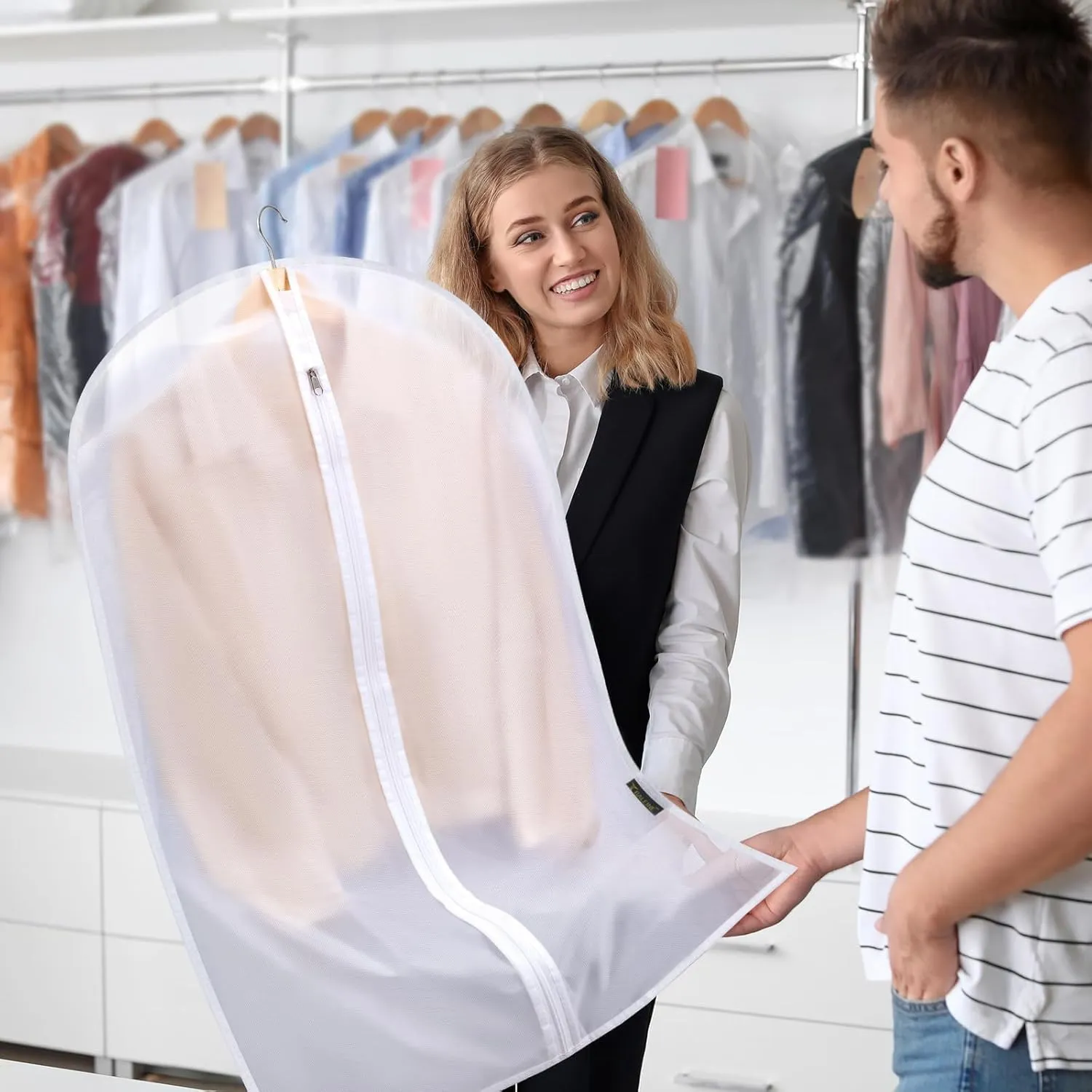 BALEINE 48'' Translucent Garment Bags, 12 Packs PEVA Dress Bag for Closet Clothes Dresses Suit Coats Storage (White, 12PK)