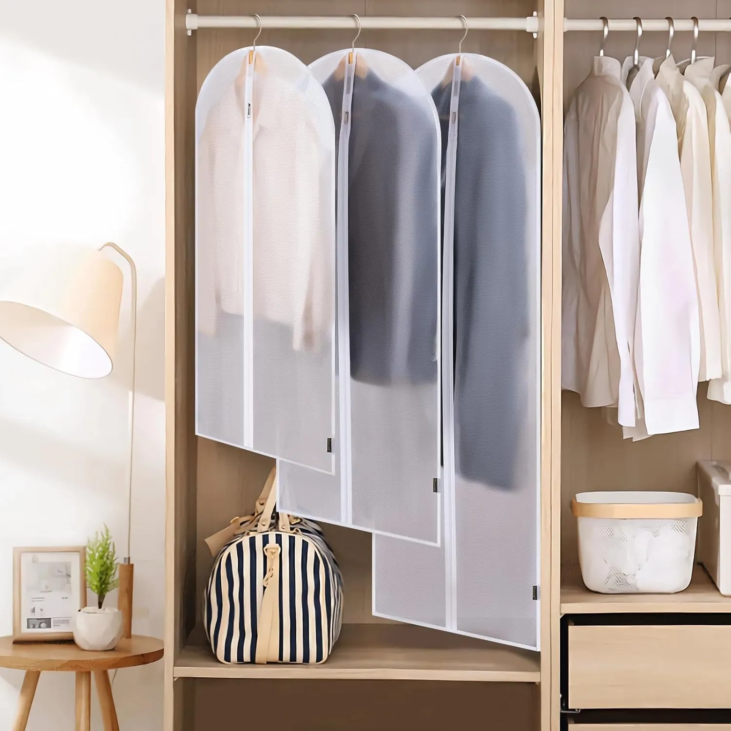 BALEINE 48'' Translucent Garment Bags, 12 Packs PEVA Dress Bag for Closet Clothes Dresses Suit Coats Storage (White, 12PK)