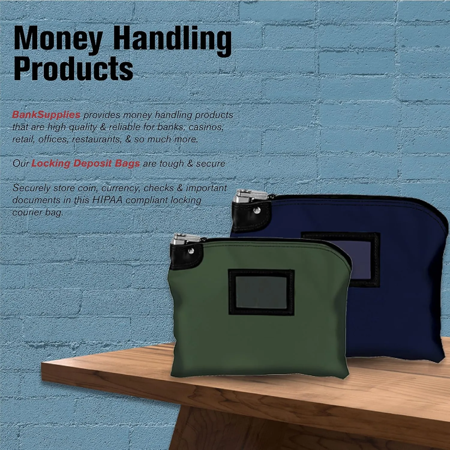 BankSupplies Laminated Nylon Locking Deposit Bag | Navy Blue | 15W x 11H | 2 Keys Included for Each Bag | HIPAA | Puncture Resistant Laminated Nylon | Double Stitched Seams