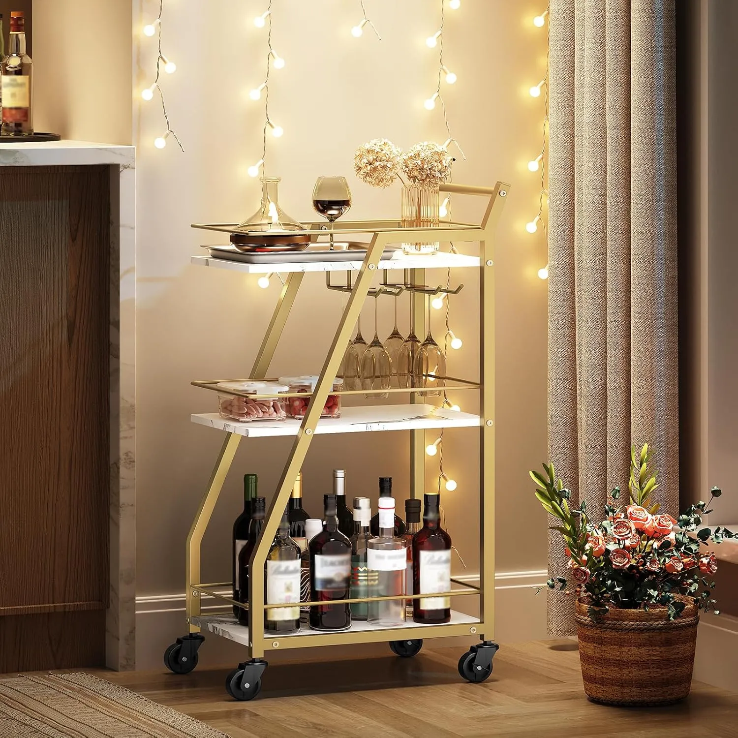 Bar Cart, Gold Bar Cart for The Home, Small Bar Cart on Wheels, Beverage Cart, Home Bar Serving Cart with Glass Holder, Drink Cart for Bar, Kitchen, Dining, Marble White and Gold BC03DW