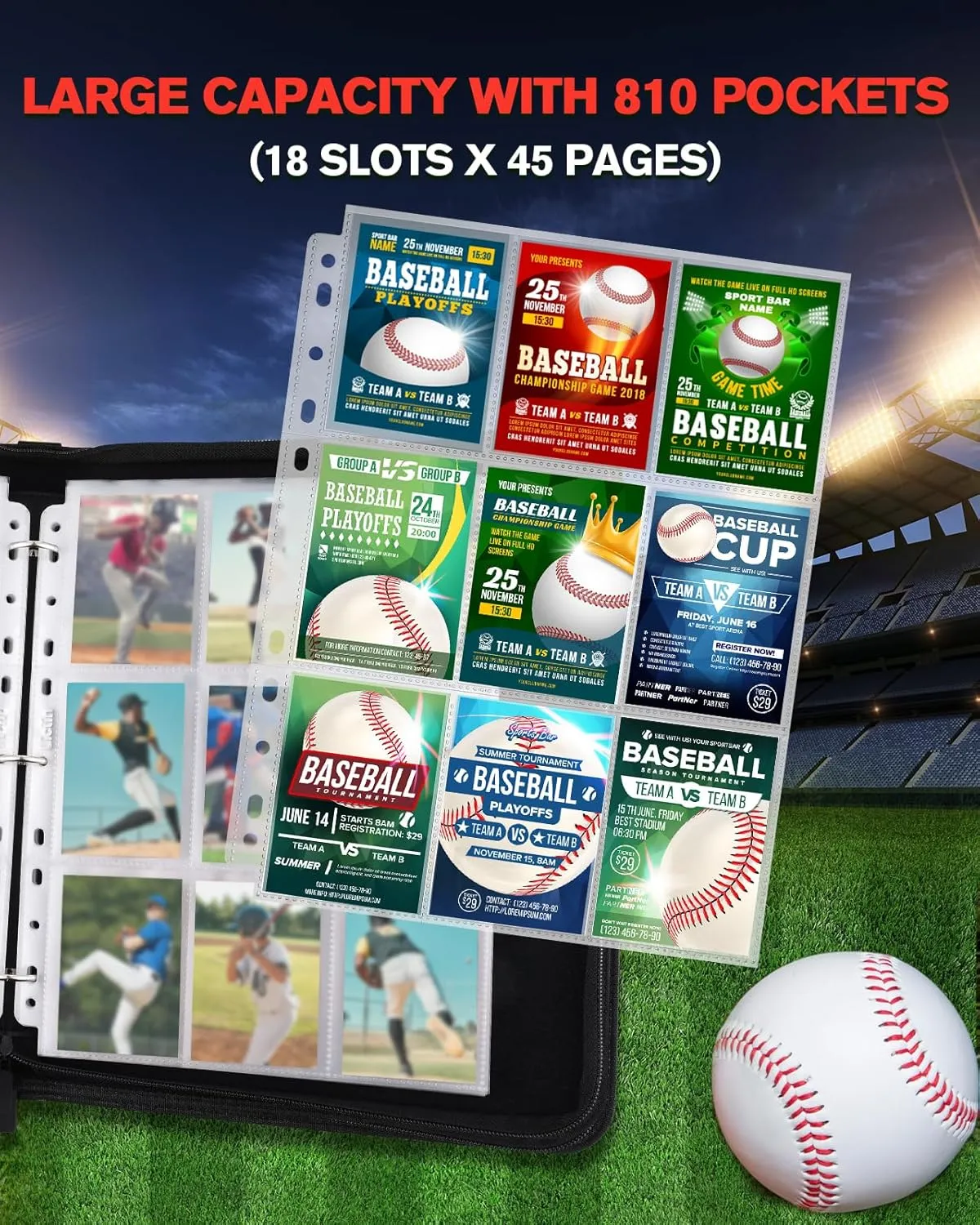 Baseball Card Binder 810 Pockets - Lictin Baseball Card Holder, Sports Card Binder Collection Trading Card Albums with 45 Removable Sleeves