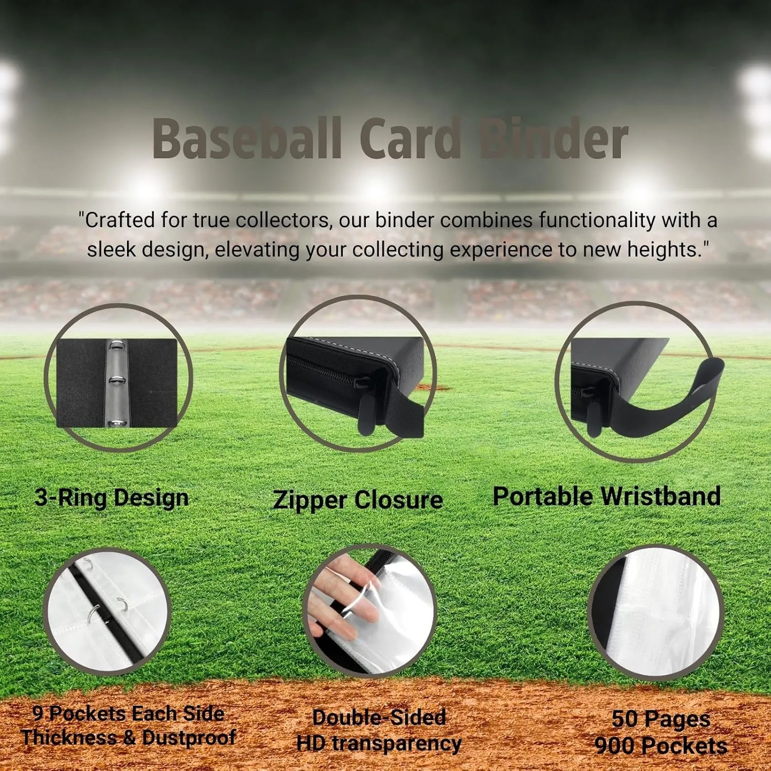 Baseball Card Binder 900 Pockets, Trading Card Collection Sports Card Binder with 50 Removable Sleeves, Double Sided Pocket Sport Card Holder PU Leather Collectible Trading Card Albums Storage