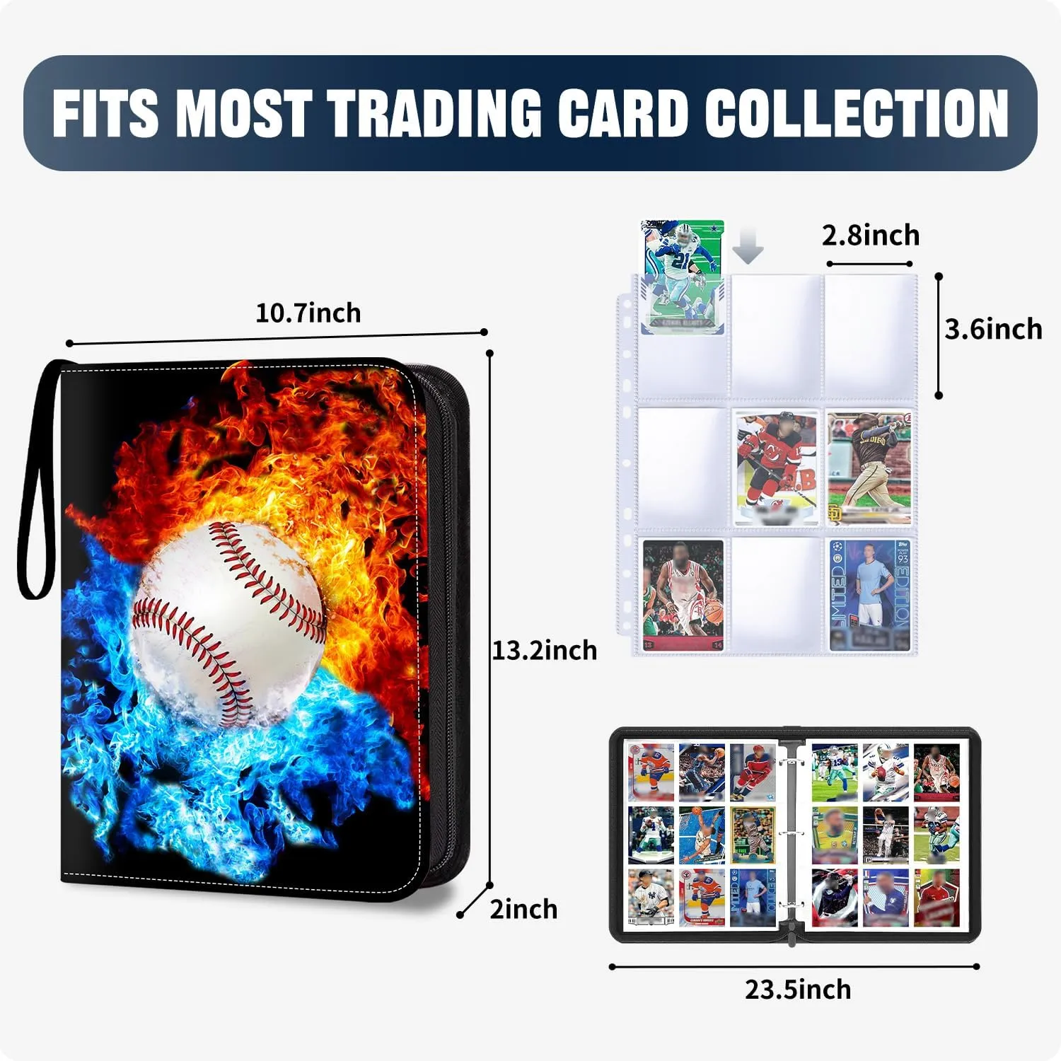 Baseball Card Binder with Sleeves,9-Pocket Trading Card Holder Card Collectors Album Hold Up to 900 Cards,Card Folder For Baseball Football Basketball Sport Trading Cards,TCG,MTG,PTG Games