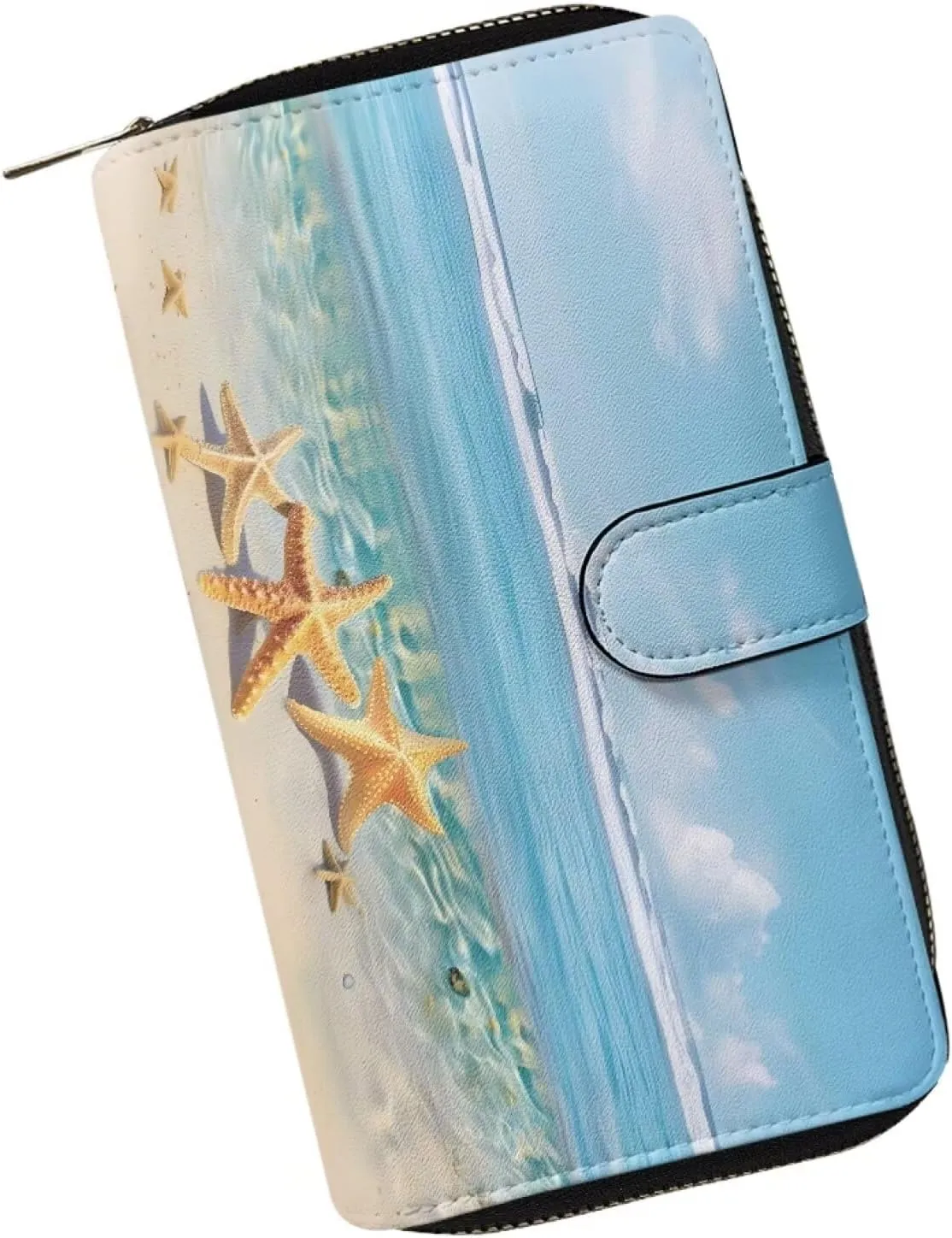 Beachside Starfish Print Slim Wallet Women PU Leather Clutch Portable and Multifunction Wallet RFID Blocking Wallet