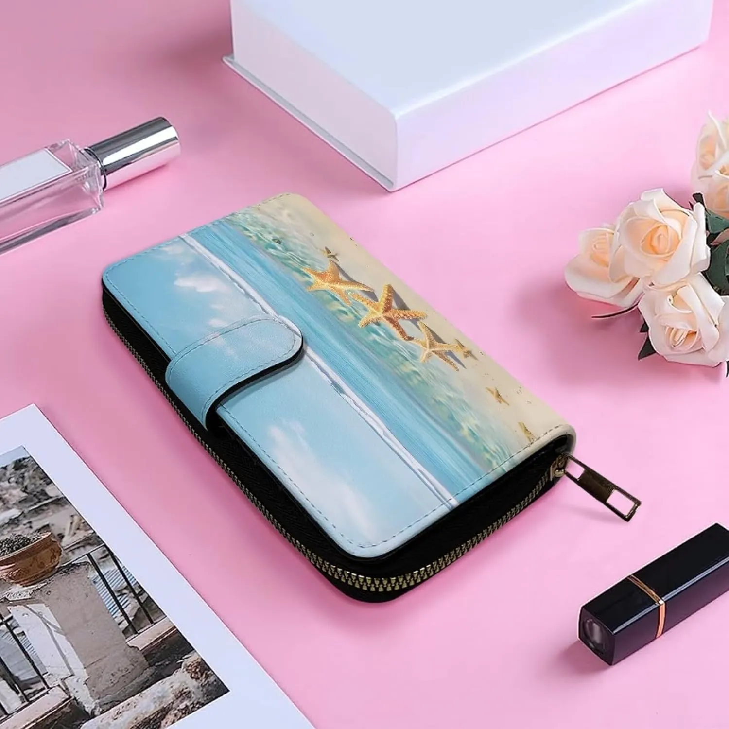 Beachside Starfish Print Slim Wallet Women PU Leather Clutch Portable and Multifunction Wallet RFID Blocking Wallet