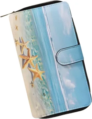 Beachside Starfish Print Slim Wallet Women PU Leather Clutch Portable and Multifunction Wallet RFID Blocking Wallet