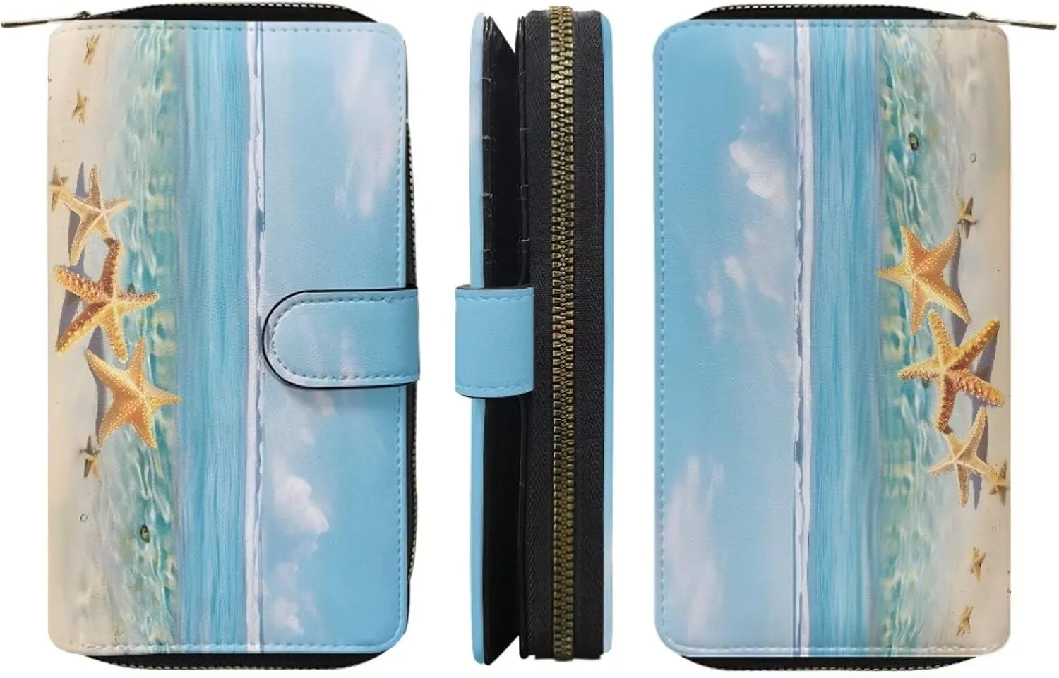 Beachside Starfish Print Slim Wallet Women PU Leather Clutch Portable and Multifunction Wallet RFID Blocking Wallet