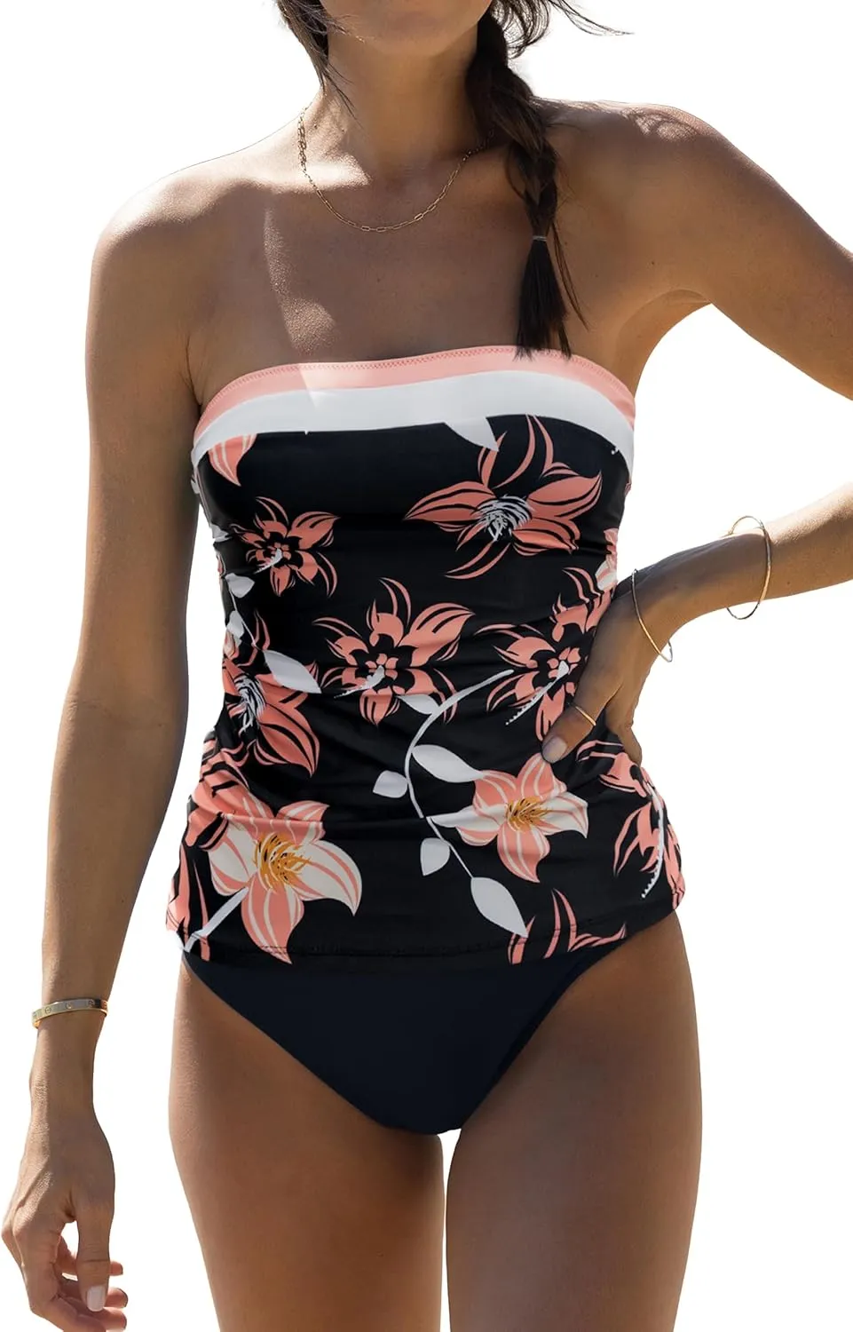 Beachsissi Bandeau Swimsuits for Women Strapless Swimwear Bathing Suits Tummy Control Color Block Tankini Sets