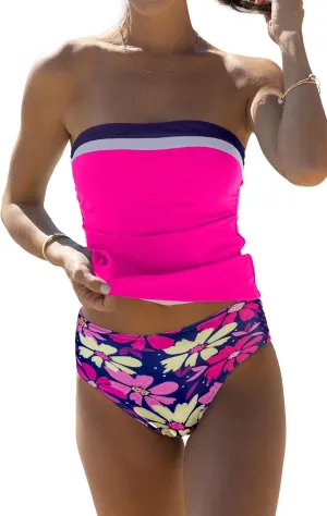 Beachsissi Bandeau Swimsuits for Women Strapless Swimwear Bathing Suits Tummy Control Color Block Tankini Sets