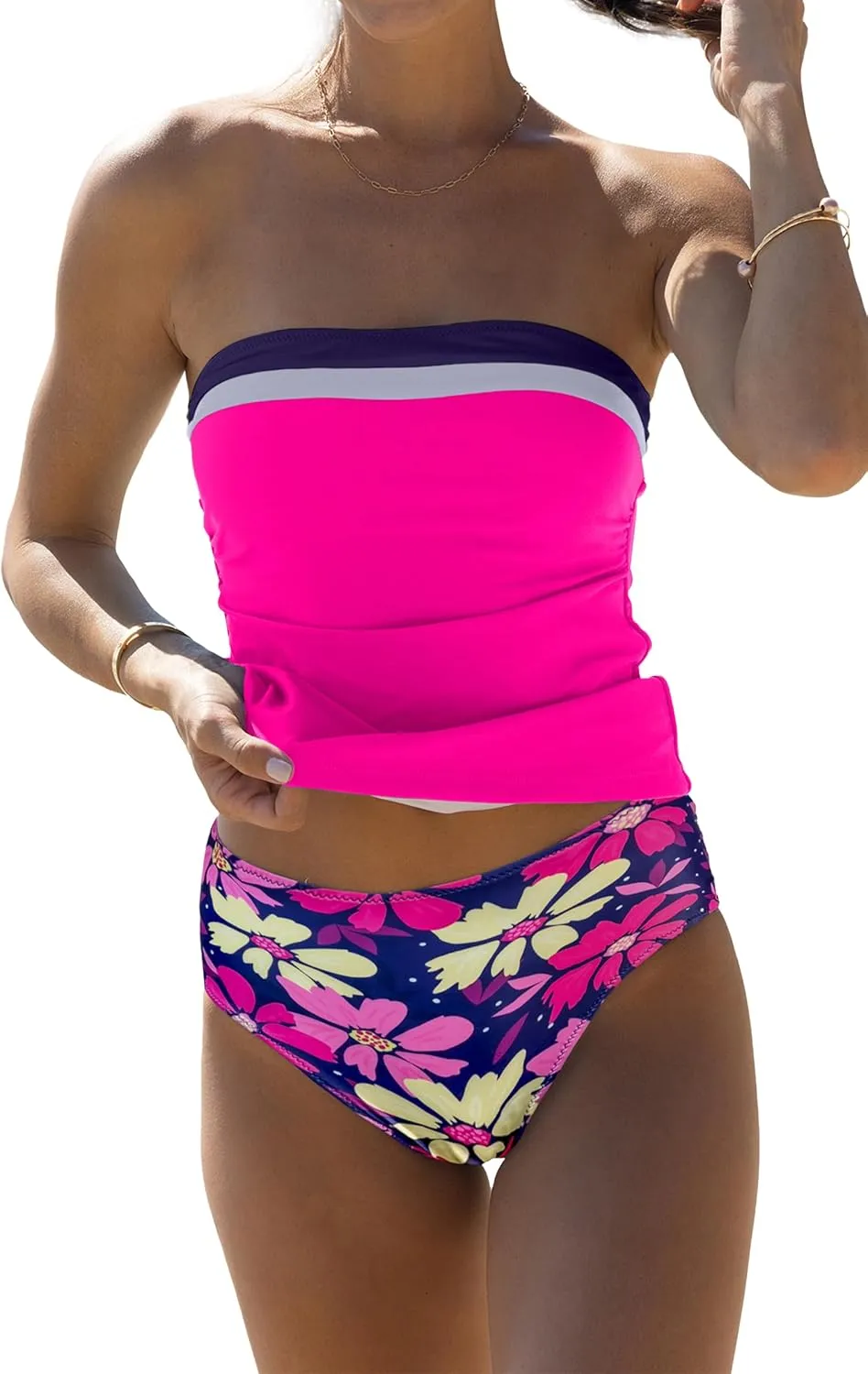 Beachsissi Bandeau Swimsuits for Women Strapless Swimwear Bathing Suits Tummy Control Color Block Tankini Sets