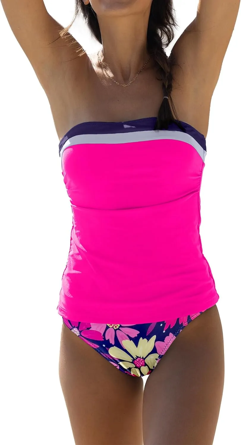 Beachsissi Bandeau Swimsuits for Women Strapless Swimwear Bathing Suits Tummy Control Color Block Tankini Sets