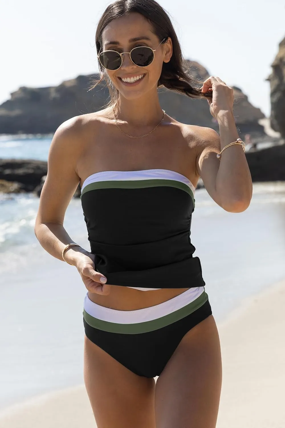 Beachsissi Bandeau Swimsuits for Women Strapless Swimwear Bathing Suits Tummy Control Color Block Tankini Sets
