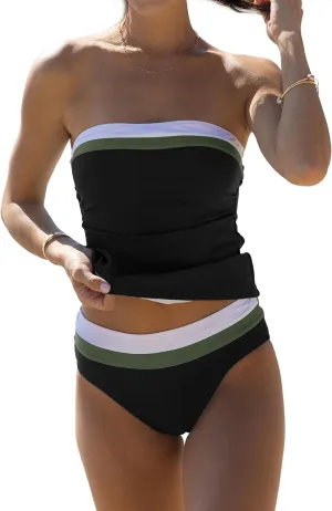 Beachsissi Bandeau Swimsuits for Women Strapless Swimwear Bathing Suits Tummy Control Color Block Tankini Sets