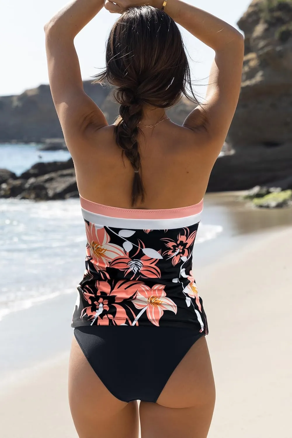 Beachsissi Bandeau Swimsuits for Women Strapless Swimwear Bathing Suits Tummy Control Color Block Tankini Sets