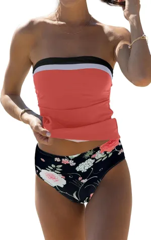 Beachsissi Bandeau Swimsuits for Women Strapless Swimwear Bathing Suits Tummy Control Color Block Tankini Sets