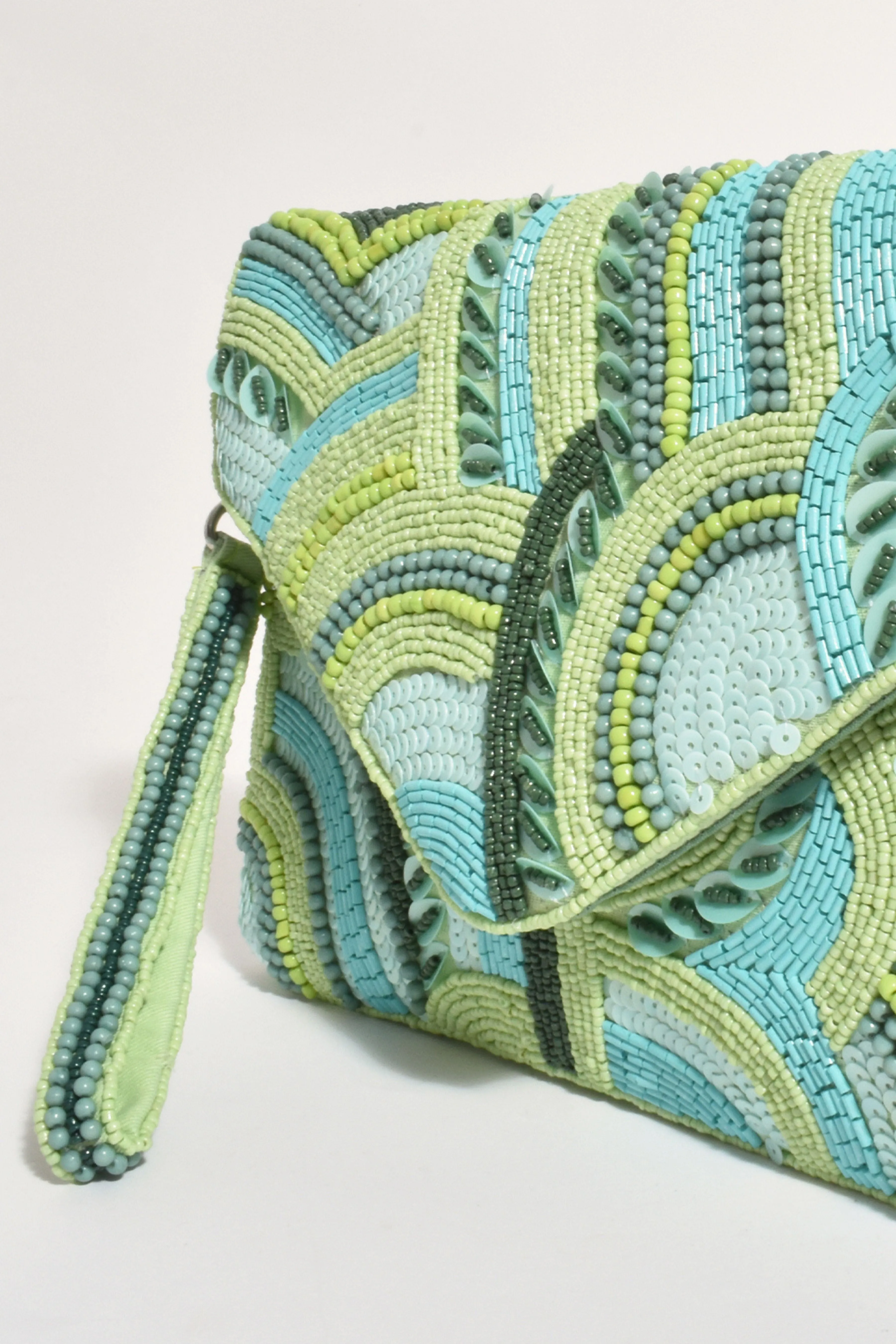 Bead Sequin Mix Pattern Fold Over Clutch - Mint Multi