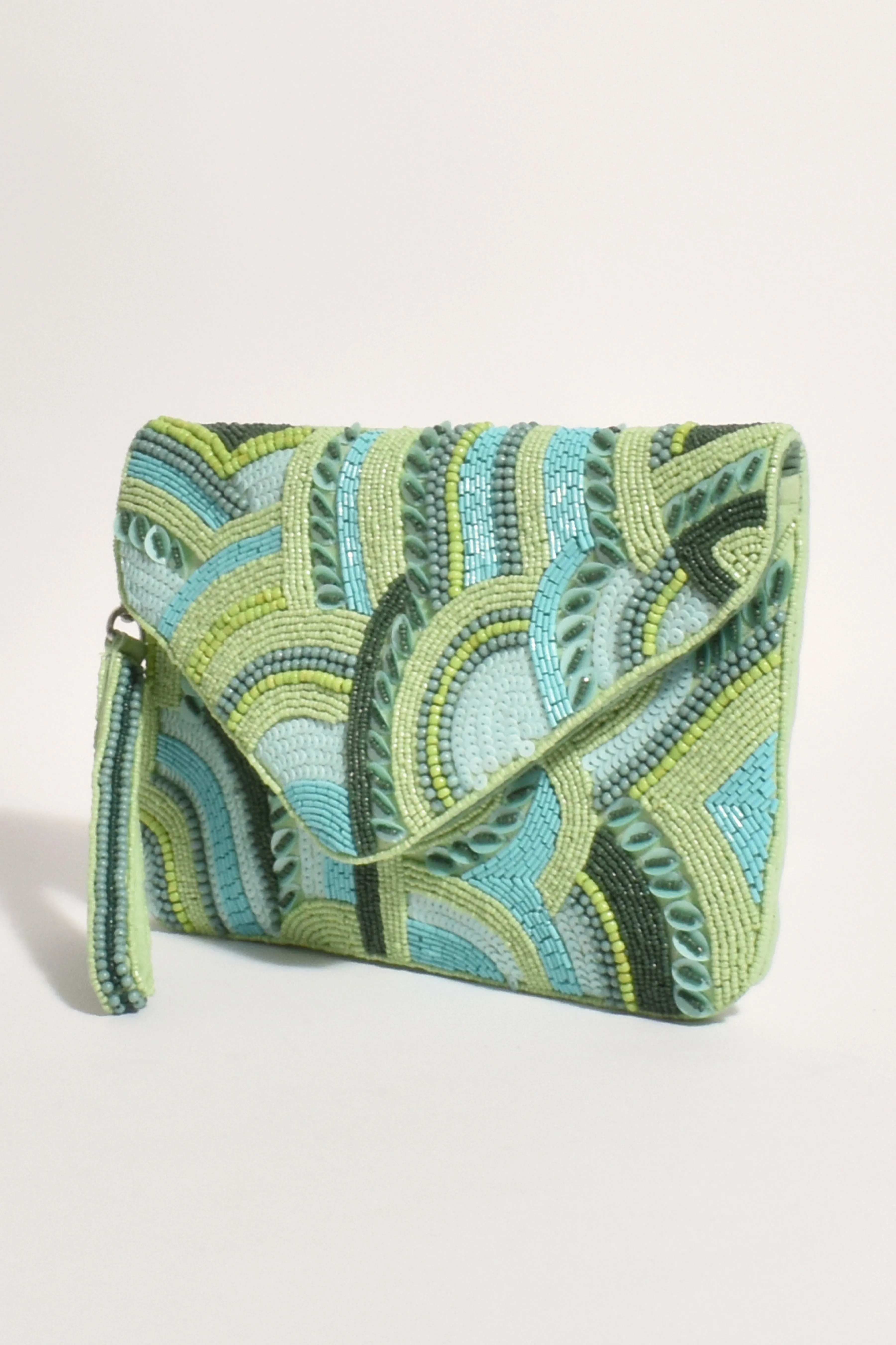 Bead Sequin Mix Pattern Fold Over Clutch - Mint Multi