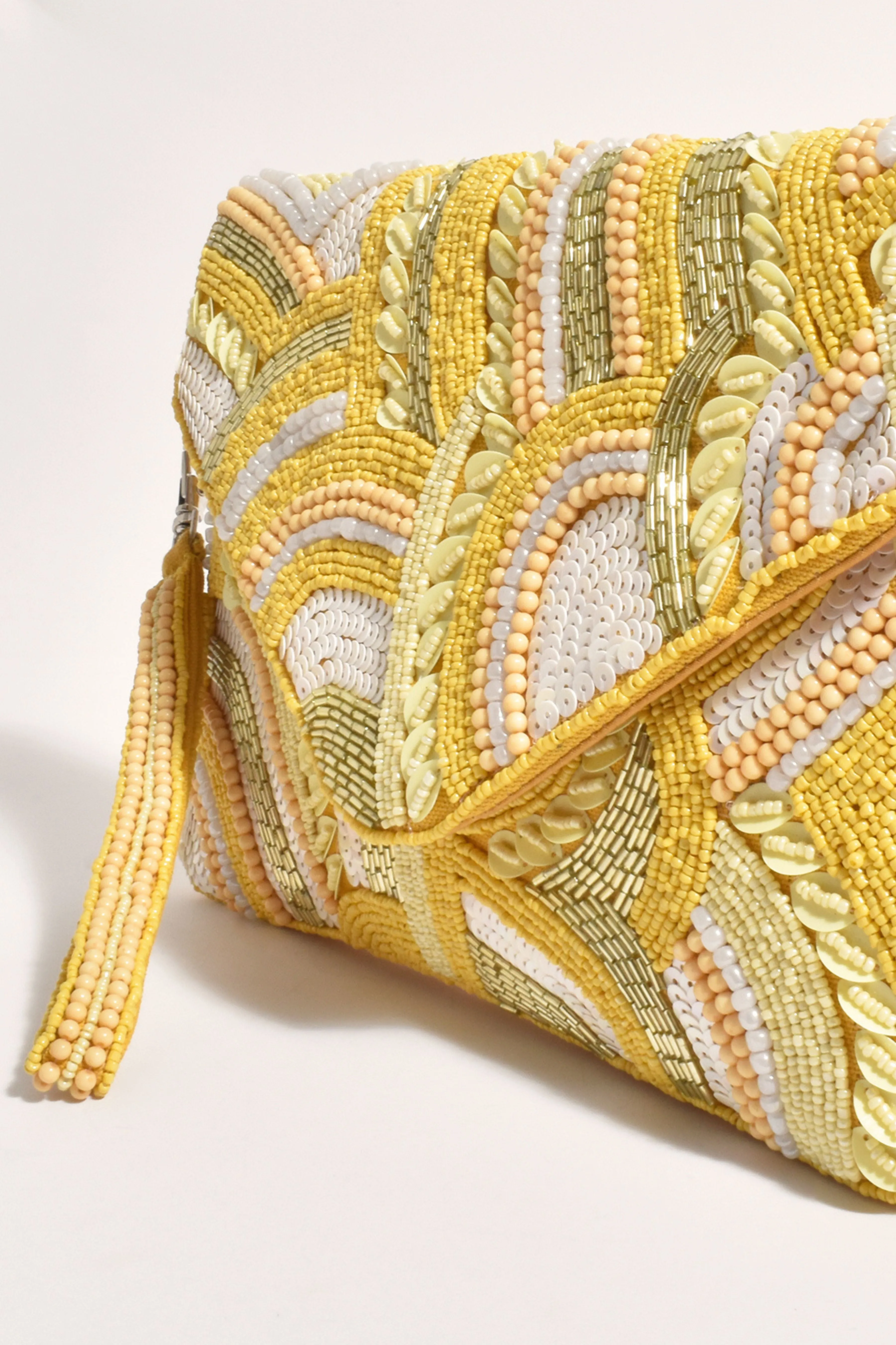 Bead Sequin Mix Pattern Fold Over Clutch - Yellow Multi