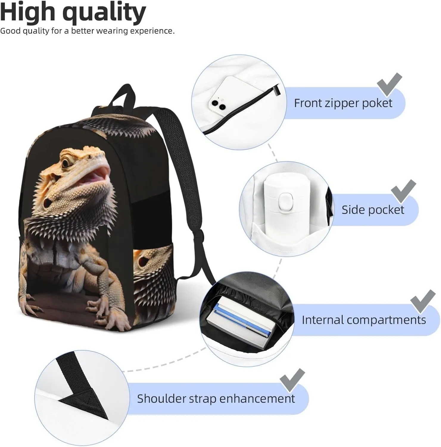 Bearded Dragons Backpack with Adjustable Straps, Suitable for Travel Picnics Activities