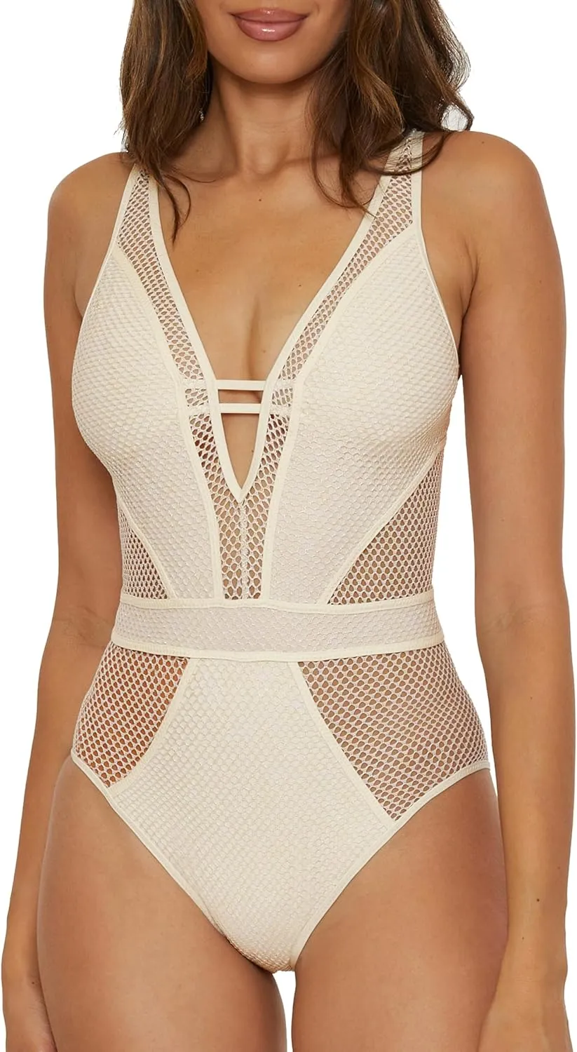 BECCA Color Play One Piece Swimsuit, Plunge Neck, Crochet, Bathing Suits for Women