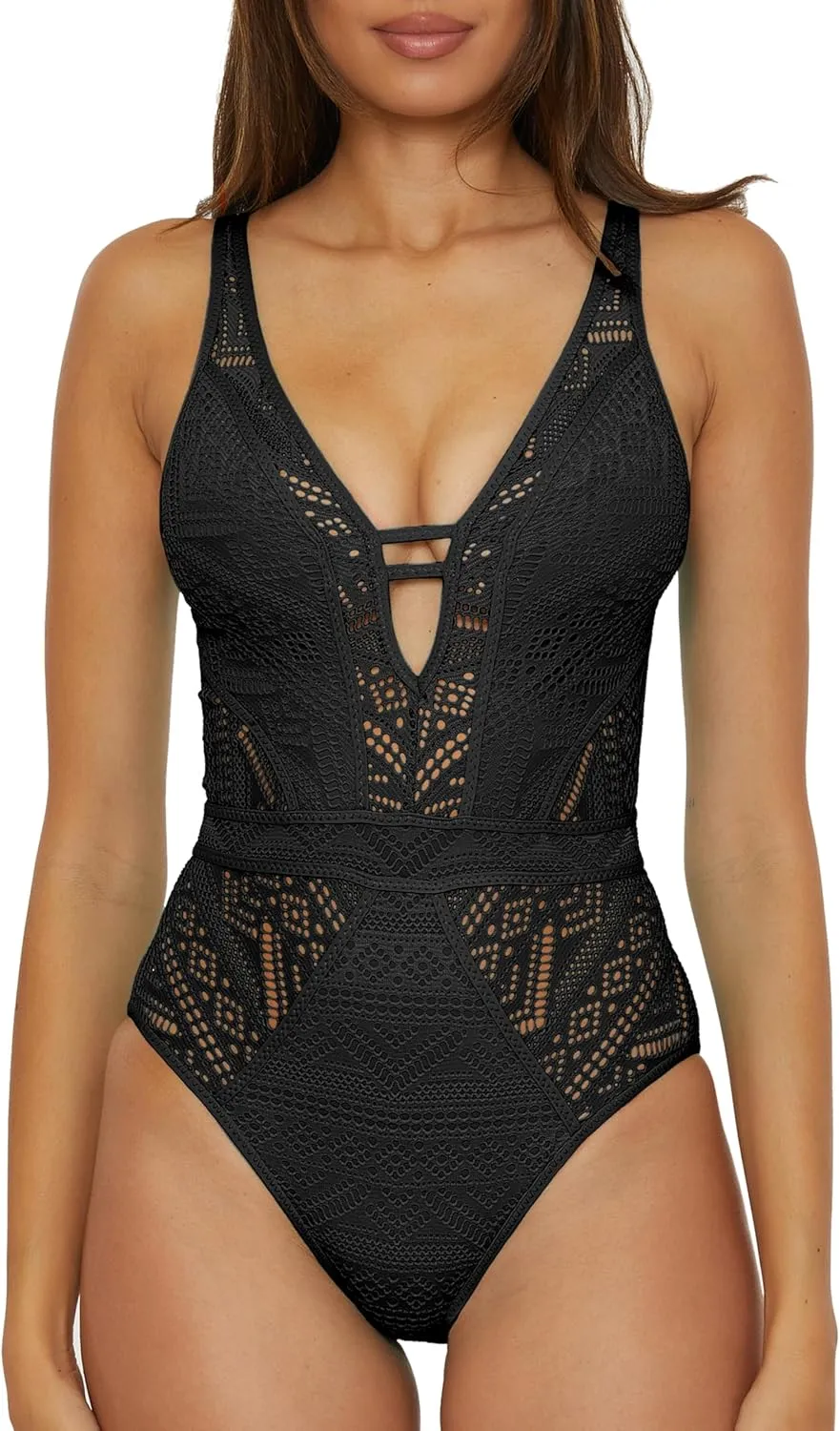 BECCA Color Play One Piece Swimsuit, Plunge Neck, Crochet, Bathing Suits for Women