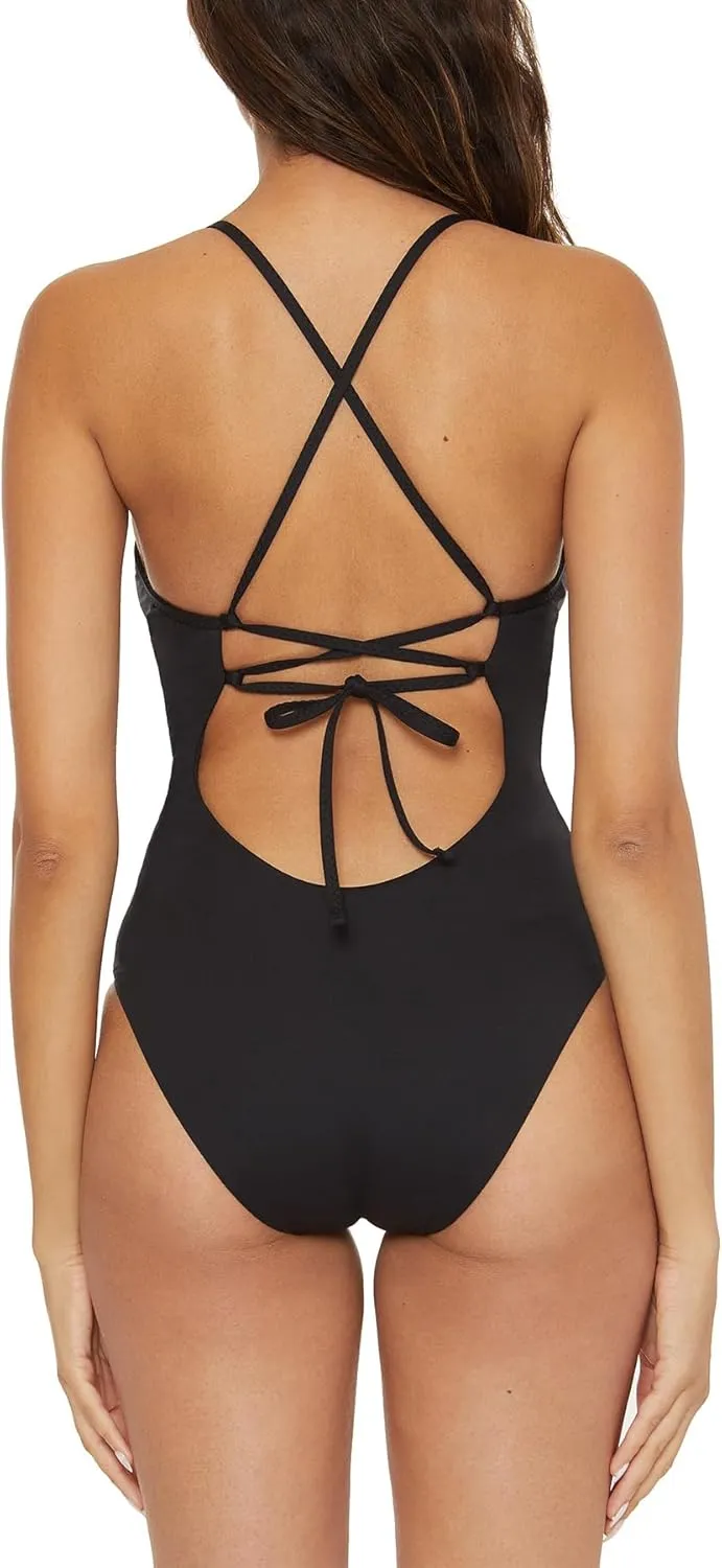 BECCA Delilah - Women's Crochet Trim One Piece Swimsuit, Plunge Neck, Bathing Suits for Women