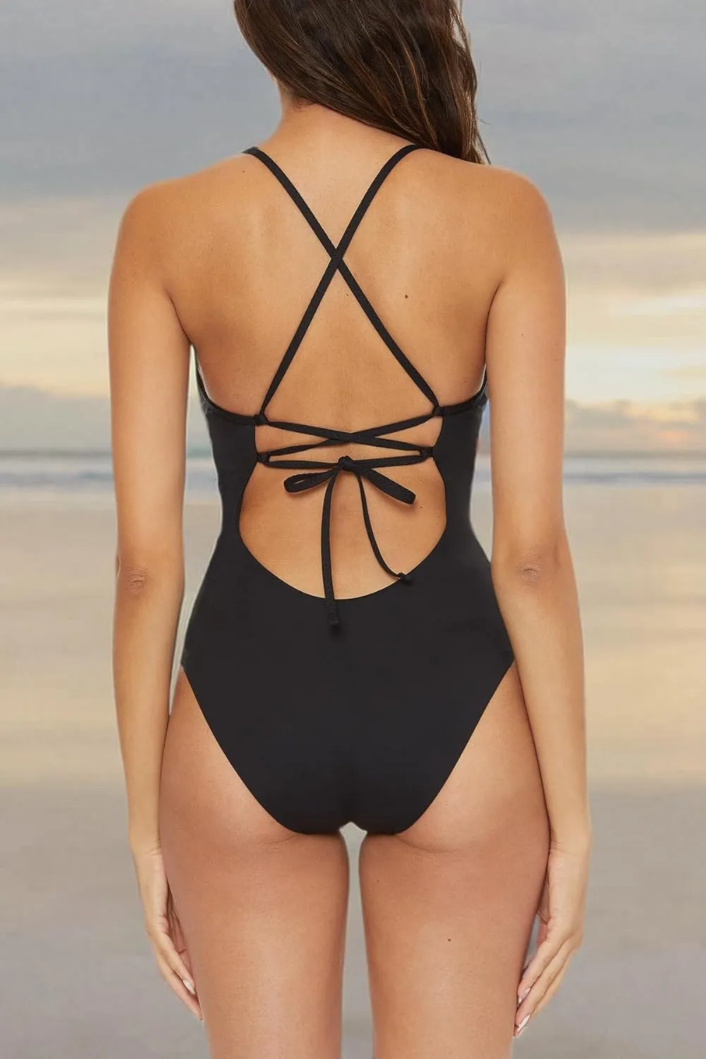 BECCA Delilah - Women's Crochet Trim One Piece Swimsuit, Plunge Neck, Bathing Suits for Women
