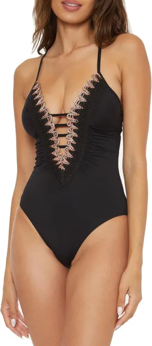 BECCA Delilah - Women's Crochet Trim One Piece Swimsuit, Plunge Neck, Bathing Suits for Women