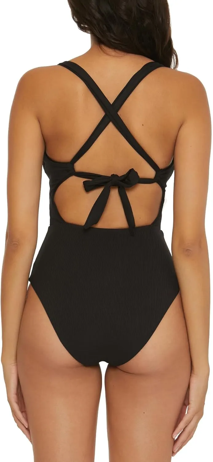 BECCA Women's Modern Edge One Piece Swimsuit, Plunge Neck, Bathing Suits