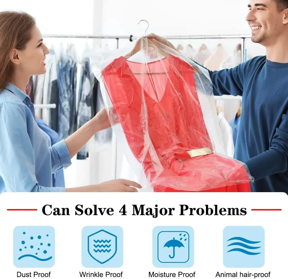 BEISHIDA 50PCS 60 Inch Plastic Garment Bag-Plastic Clear Dry Cleaner Laundry Bags for Clothes Cover, Hanging Clothes Storage for Long Dresses Skirt Coat Suit Shirt Jacket
