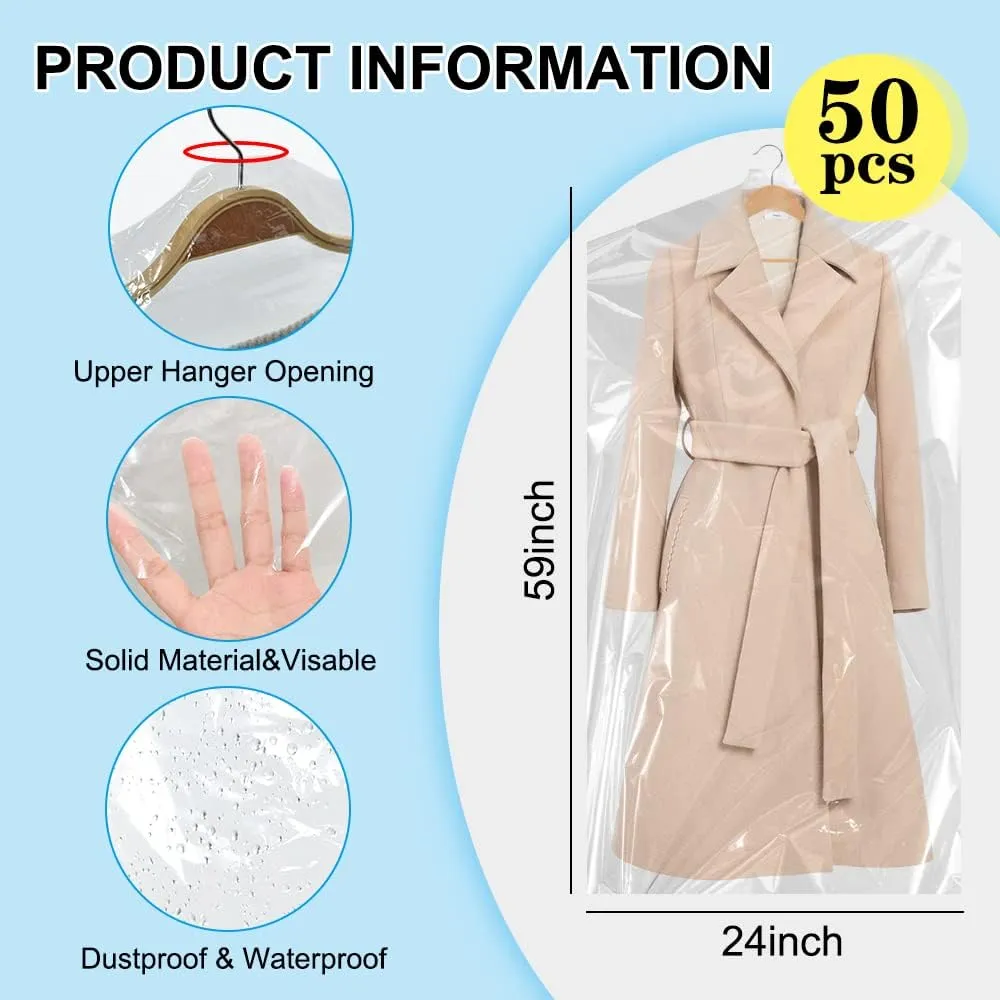 BEISHIDA 50PCS 60 Inch Plastic Garment Bag-Plastic Clear Dry Cleaner Laundry Bags for Clothes Cover, Hanging Clothes Storage for Long Dresses Skirt Coat Suit Shirt Jacket