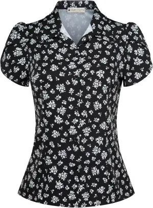 Belle Poque Summer Short Sleeve Button Down Blouse for Women V Neck Vintage Business Casual Shirts Tops