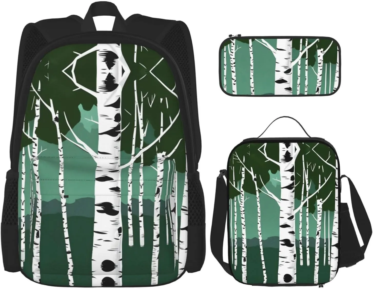 Birch Trees Print Travel Backpack For Women 3-Piece Set With Insulated Lunch Box,For Outdoor Travel