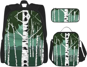 Birch Trees Print Travel Backpack For Women 3-Piece Set With Insulated Lunch Box,For Outdoor Travel