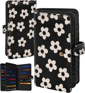 Bistup 【46 Slots Credit Card Holder for Women Ladies Female Teen Girls Rfid Genuine Leather Cardholder Large Capacity Size Big Billfold Wallets Black Flower Cute Girly Aesthetic Print Unique