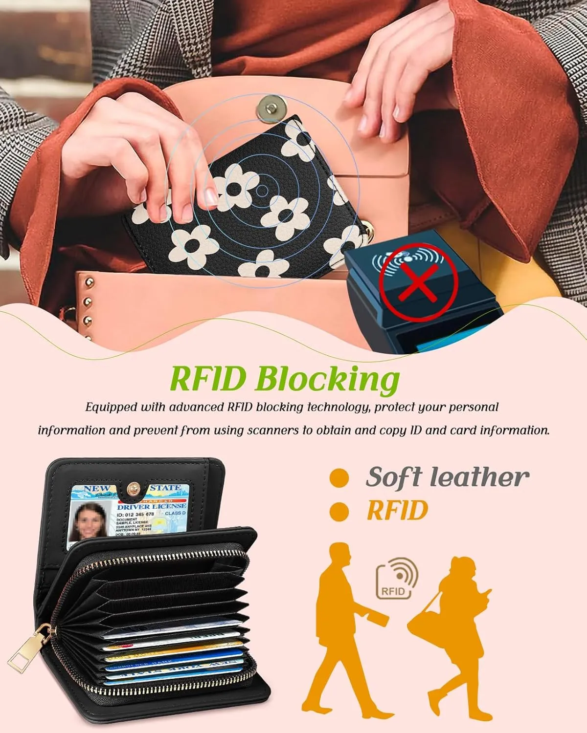 Bistup Credit Card Holder Wallet for Women - Cute Leather Ladies Teen Girls Female Cardholder Wallets Accordion Purse Small Medium Aesthetic Print Black Flower Unique Modern Rfid Zipper Around