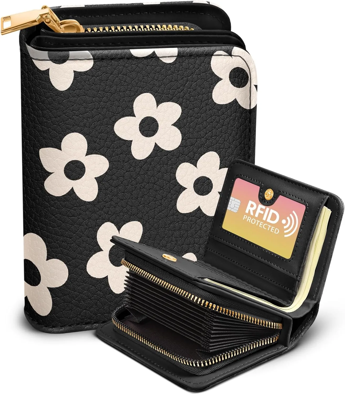 Bistup Credit Card Holder Wallet for Women - Cute Leather Ladies Teen Girls Female Cardholder Wallets Accordion Purse Small Medium Aesthetic Print Black Flower Unique Modern Rfid Zipper Around