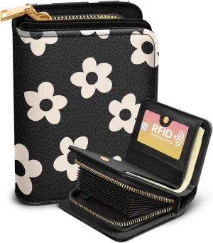 Bistup Credit Card Holder Wallet for Women - Cute Leather Ladies Teen Girls Female Cardholder Wallets Accordion Purse Small Medium Aesthetic Print Black Flower Unique Modern Rfid Zipper Around