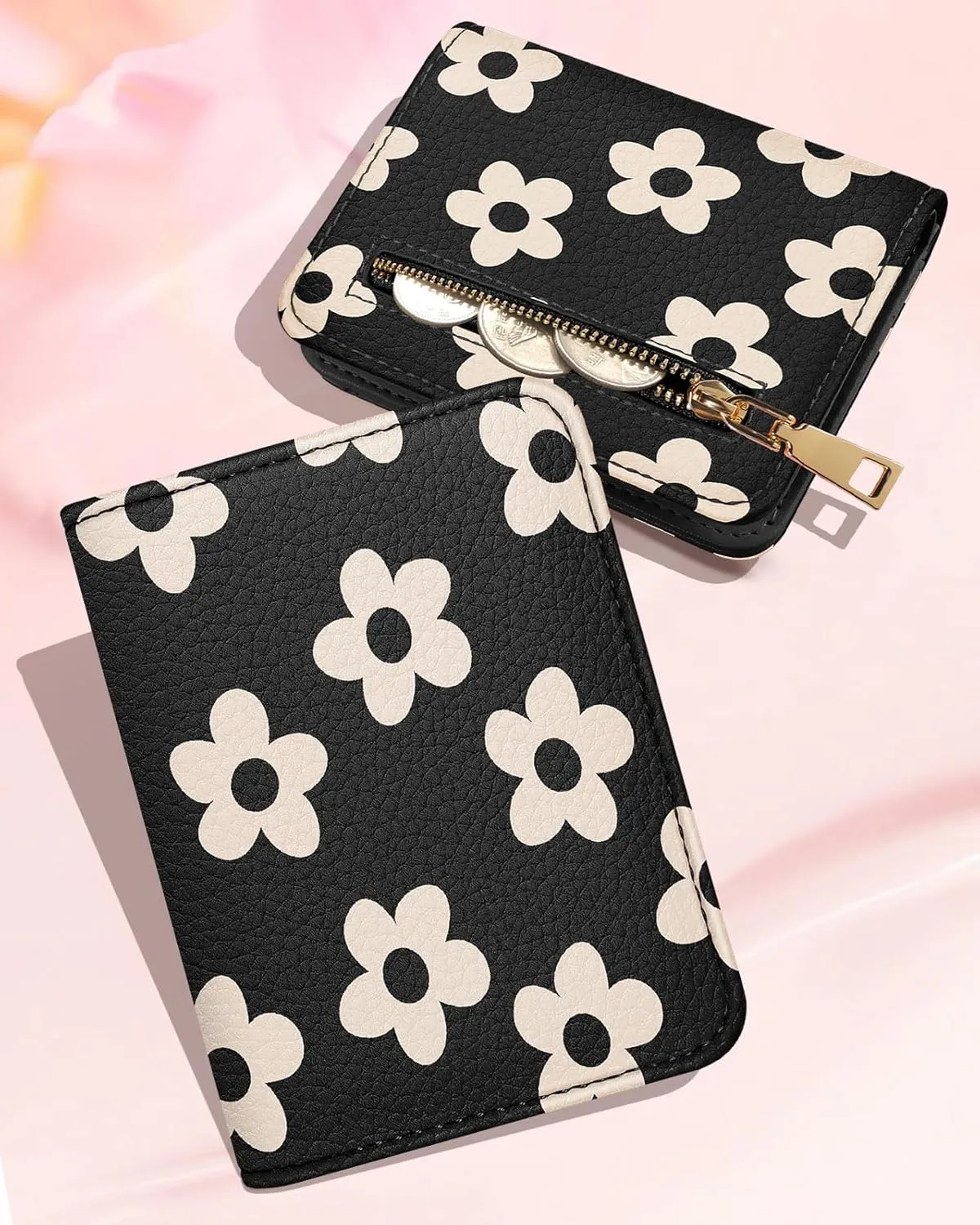 Bistup Credit Card Holder Wallet for Women - Cute Leather Ladies Teen Girls Female Cardholder Wallets Accordion Purse Small Medium Aesthetic Print Black Flower Unique Modern Rfid Zipper Around